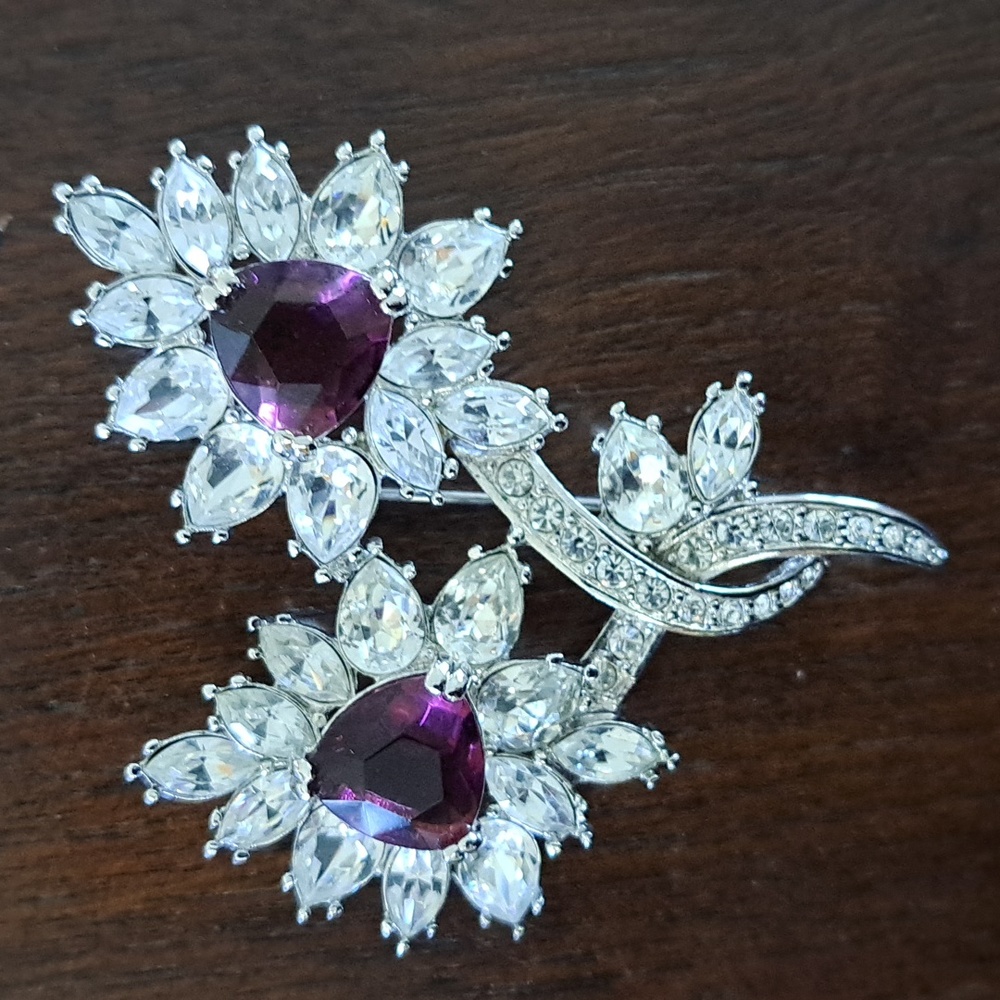Nolan Miller Statement Brooch, Silver-tone, Rhinestone, Purple Stone - Picture 2 of 8